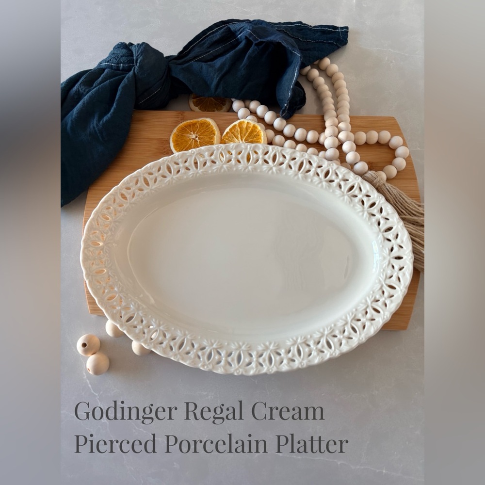 Godinger Regal Cream Pierced Oval Platter | Porcelain Statement Serveware | 14”